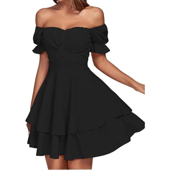 Women Black Tie Back Off Shoulder Wrap Layer Ruffle Short Sleeve Mini Dress - Picture 3 of 7